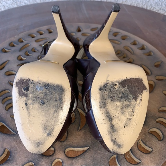 ABS Brown Leather Peep Toe Sling Back High Heeled Shoes Sz 7.5B - Picture 9 of 11